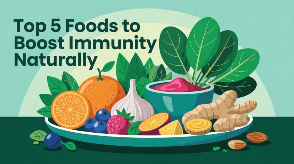 A colorful assortment of immunity- boosting foods, including orange, berries , garlic, ginger, turmeric, and nuts, promoting a healthy immune system