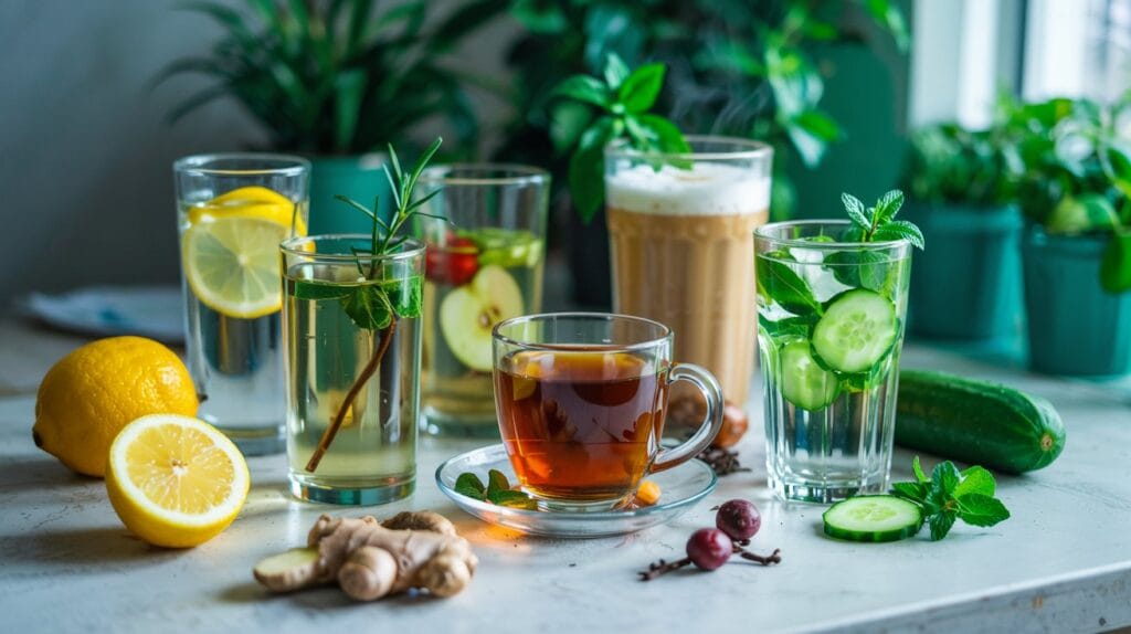 A collection of 7 morning drinks for fat loss, including lemon water, green tea, apple cider vinegar drink, ginger tea, black coffee, cucumber and mint detox water, and a protein shake, surrounded by fresh ingredients like lemon, ginger, cucumber, and mint.