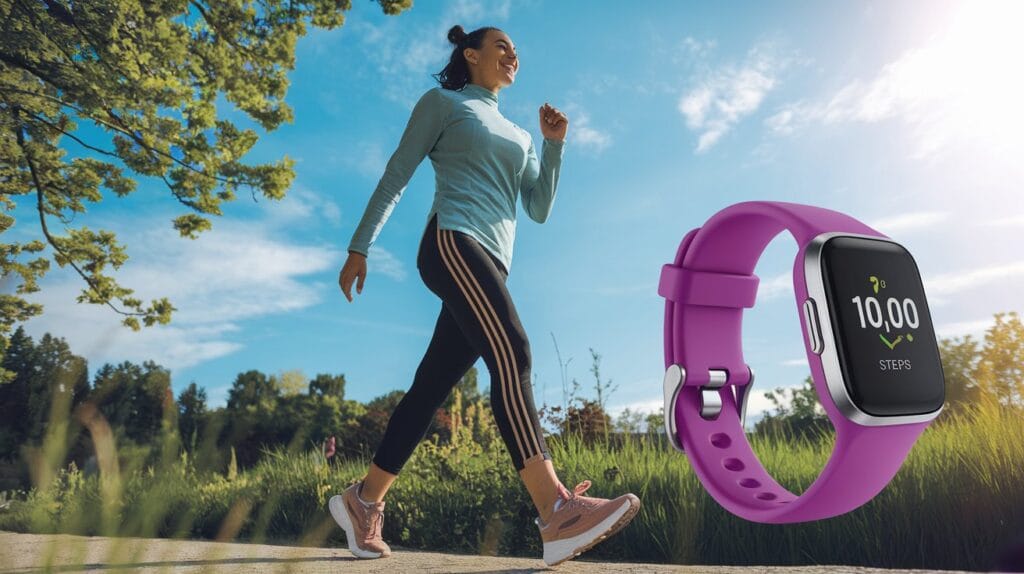 A person walking briskly in a sunny park, enjoying the health benefits of walking 10,000 steps a day with a fitness tracker showing progress.
