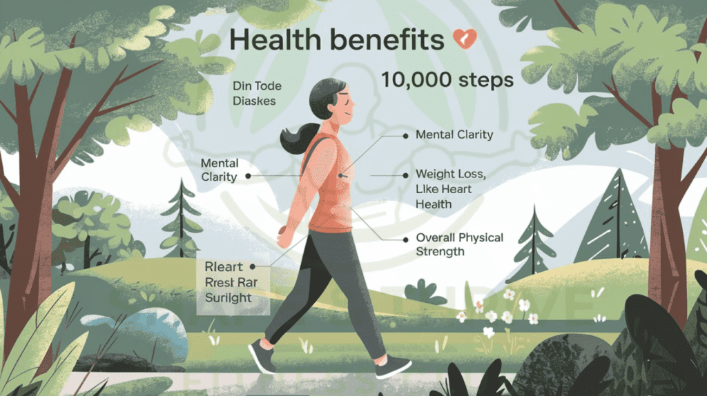 A person walking in a scenic park, enjoying the health benefits of walking 10,000 steps a day, including weight loss, heart health, and mental clarity.