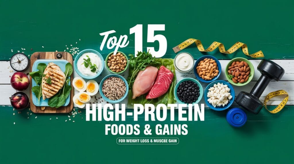 Flat lay of high-protein foods for weight loss and muscle gain, including chicken, lentils, eggs, and yogurt with fitness elements on a white background.