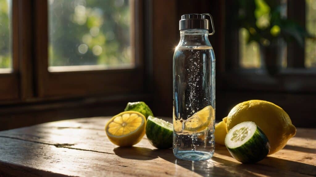 Glass water bottle with lemons on wooden table in sunlight