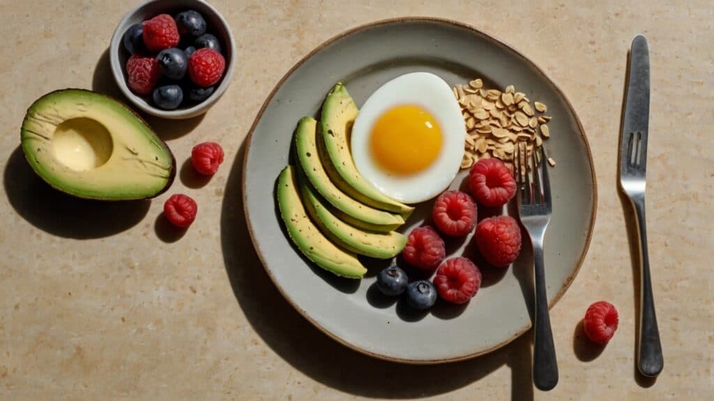 Ingredients for protein, carbs, and fats arranged on a kitchen counter