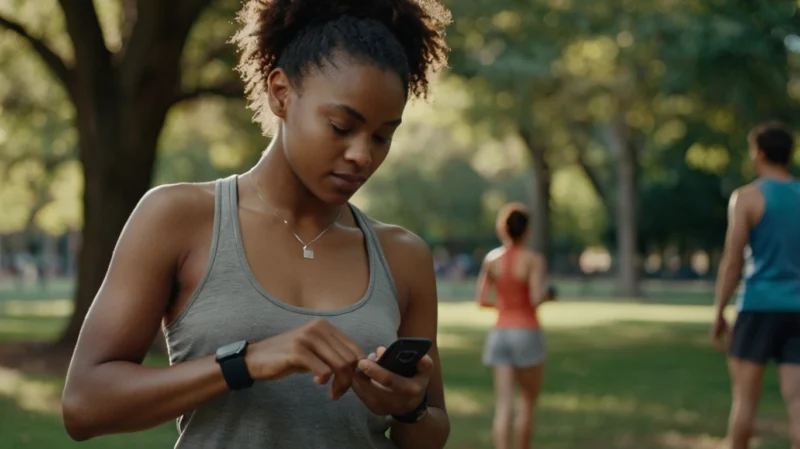 Person checking fitness tracker after morning exercise