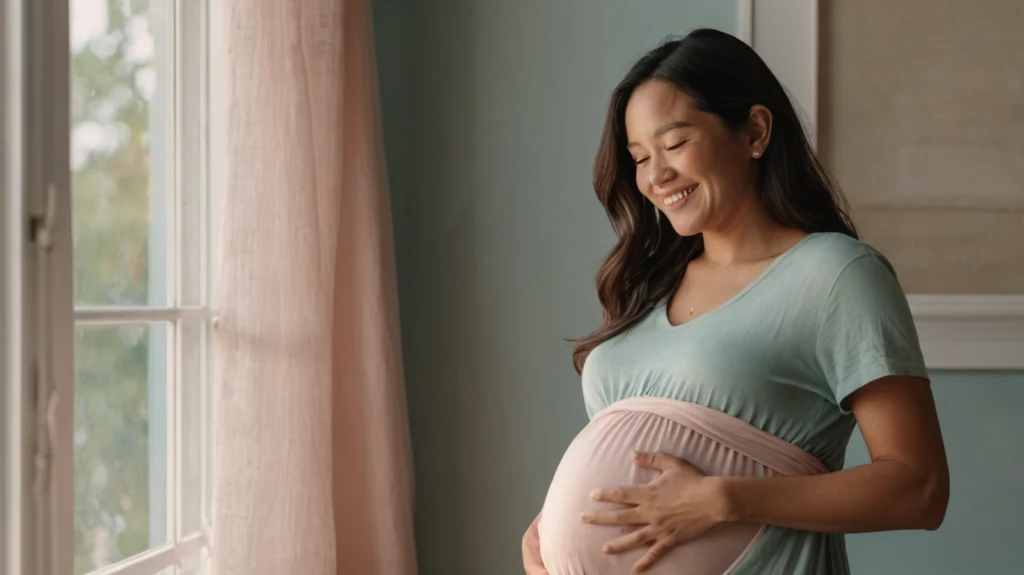 Expecting mother gently holding her belly near a sunlit window