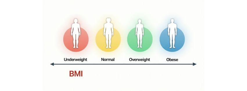 Colorful BMI range chart showing values from 10 to 40 with labeled categories: Underweight, Normal, Overweight, and Obese. Each range includes a human icon for visual representation and features clean, easy-to-read typography