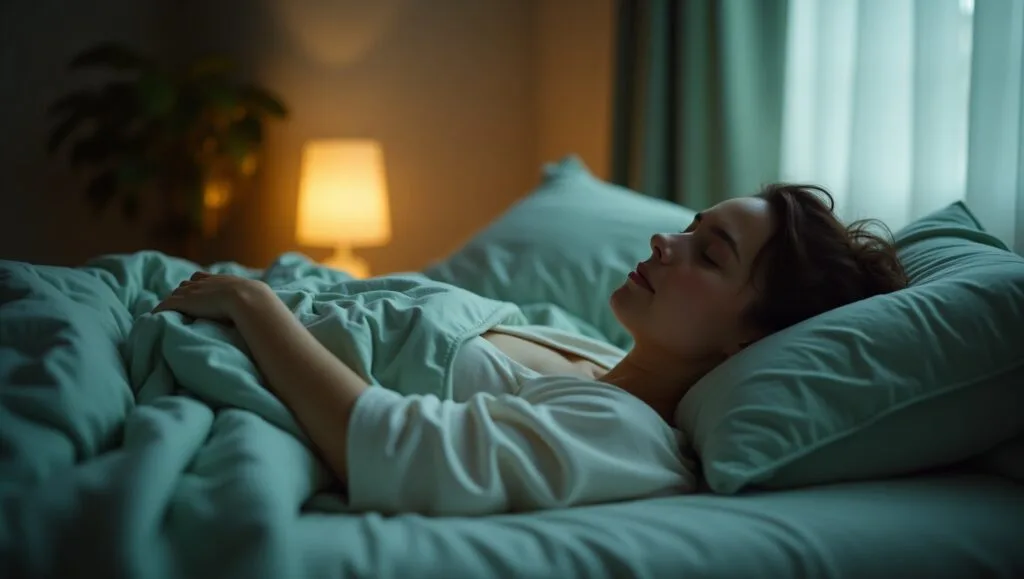 Peaceful adult sleeping in a dimly lit bedroom with soft bedding and light green accents, framed by a subtle green border to convey tranquility and rest.